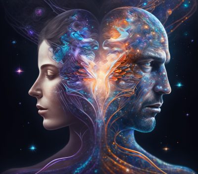 Man and woman soul connection . Psychology concept illustration, art design. Abstract couple face made of galaxy stars